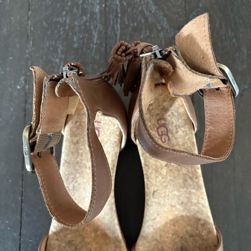 UGG Zoe II Chestnut Leather Wedge Cork Sandals Ankle Strap Size 9.5 Boho Neutral - Picture 5 of 11